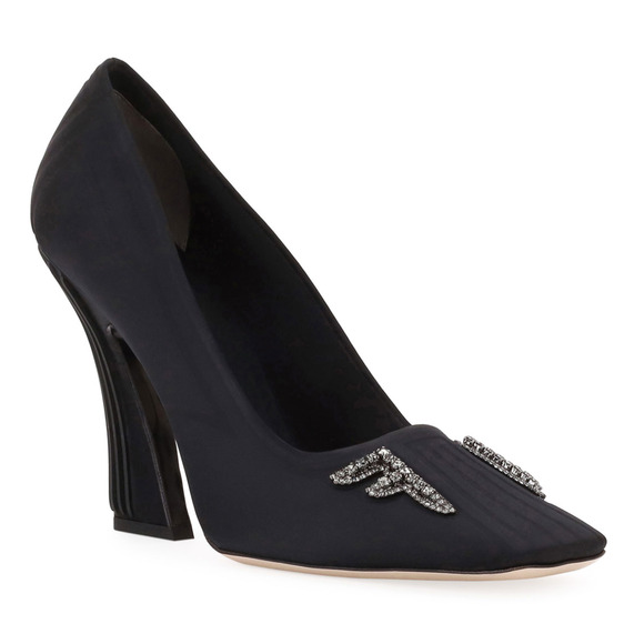 Fendi Freedom Black Embellished Crystal FF Logo Satin Square Toe Heel Pump 38 - Picture 3 of 12